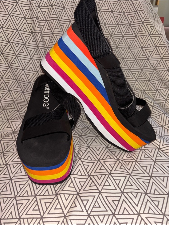 Rocket Dog Shoes - Rocket Dog Black Platform Sandals with Multicolor Rainbow Stripes